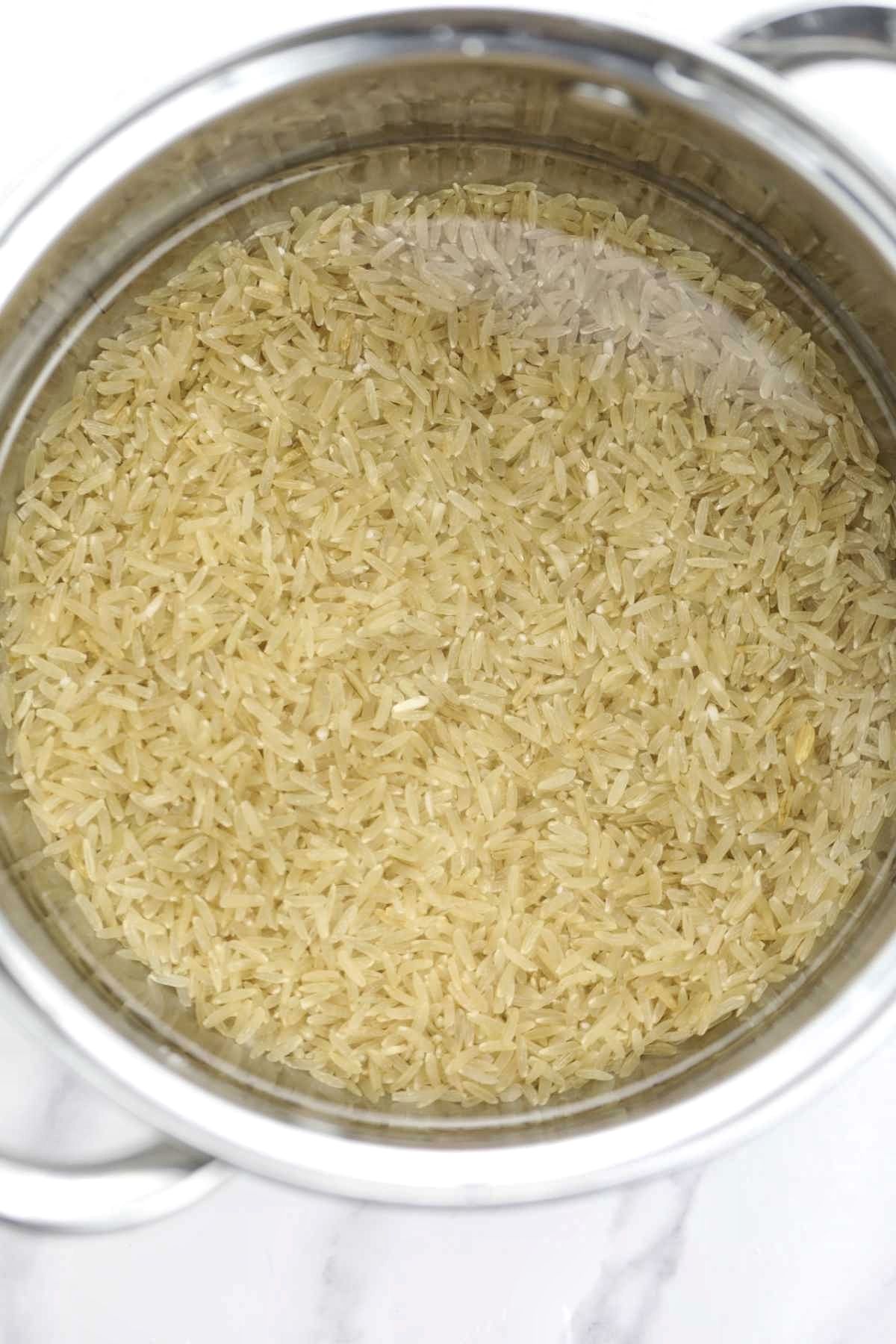 brown rice in a pot.